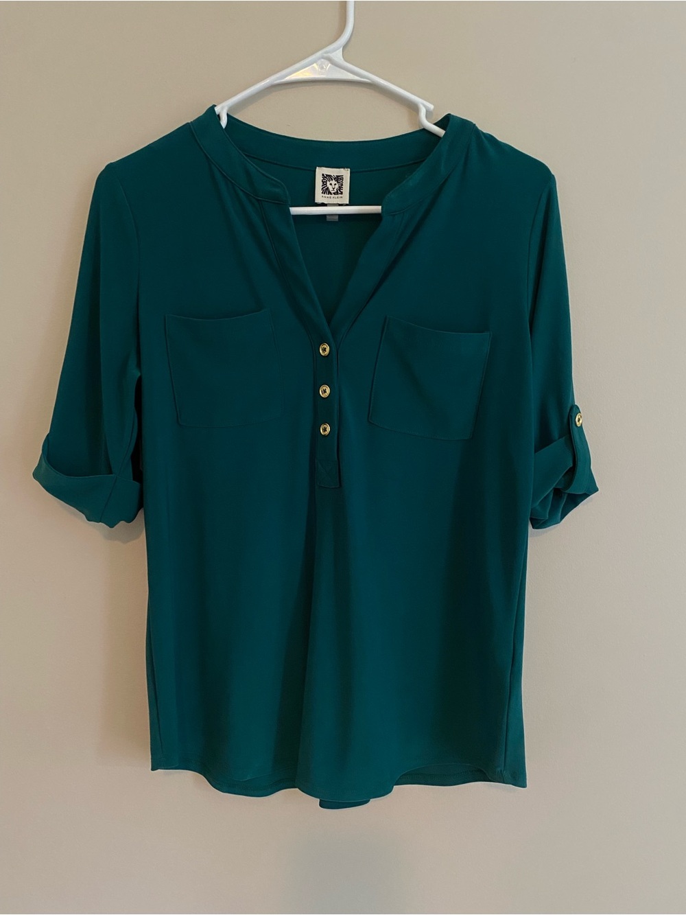 Anne Klein Roll-Sleeve V-Neck Blouse with Chest Pockets. Dark Teal Green. Small